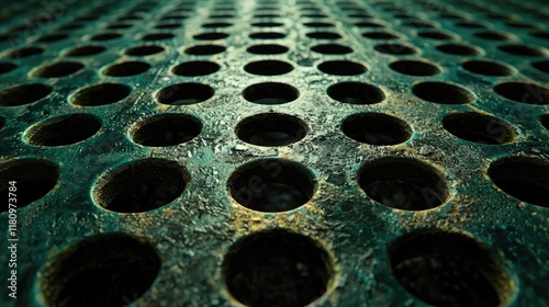 Dark Green Metal Texture with Circular Holes: Grunge Industrial Background Pattern photo