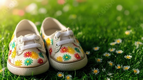 A pair of worn leather shoes rests gently on the soft, dewy grass, capturing the essence of a peaceful morning