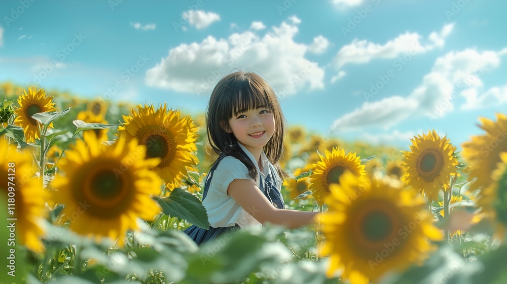 ひまわり畑で遊ぶ日本人の女の子 ひまわり畑で遊ぶ日本人の女の子