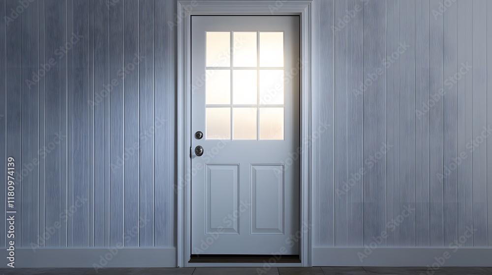 A tall, clean white door with a frosted glass window, subtly lit from the side. A tall, clean white door with a frosted glass window, subtly lit from the side.