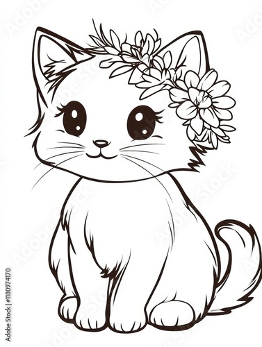 Adorable Kitten with Floral Crown: A charming illustration of a cute kitten adorned with a delicate floral crown, perfect for coloring pages, children's books, and kawaii-themed projects.