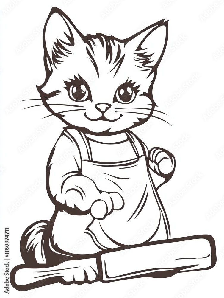 Obraz premium A Cat's Baking Adventure: A charming illustration of a playful cat wearing an apron and holding a rolling pin, ready to bake. The adorable depiction embodies a whimsical and fun-loving spirit.