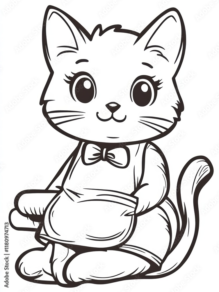 Obraz premium Adorable Cat Chef: A charming cartoon illustration of a cute cat wearing a chef's apron, ready to bake or cook up some delicious treats. Perfect for children's books, kitchen decor.