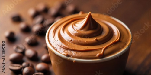 A swirling creamy coffee or chocolate spread with scattered coffee beans, Rich coffee beans and cream,a clean backdrop. cup creame coffee photo