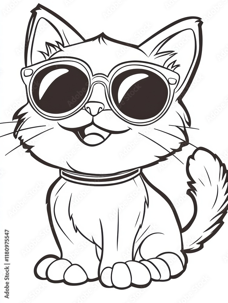Cool Cat in Shades: A cute cartoon kitten, sporting stylish sunglasses, smiles cheerfully. Perfect for children's books, coloring pages, and fun, summery designs. Cool Cat in Shades: A cute cartoon kitten, sporting stylish sunglasses, smiles cheerfully. Perfect for children's books, coloring pages, and fun, summery designs.