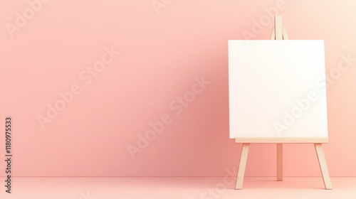 Blank canvas on wooden easel against pink wall.