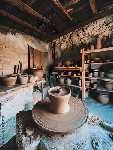 A photo of a potter shaping clay on a spinning wheel in a rustic workshop.