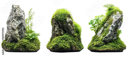 Four unique green moss aquascape elements with front