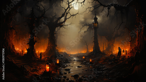 Haunted Forest with Lanterns and Moonlight
 photo