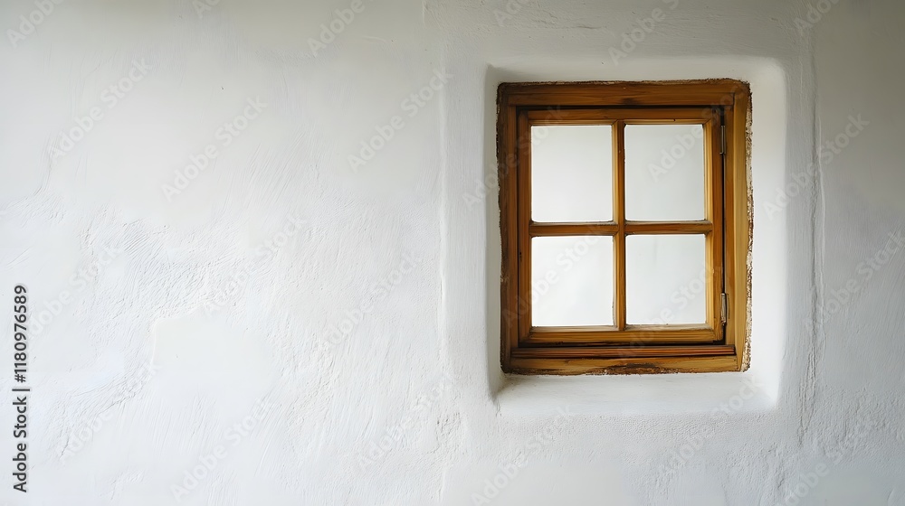 A small square window with a wooden frame, offering natural light on a plain white wall.