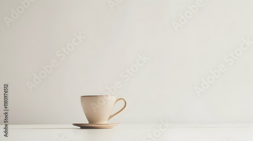 Beige coffee cup saucer minimalist white background.