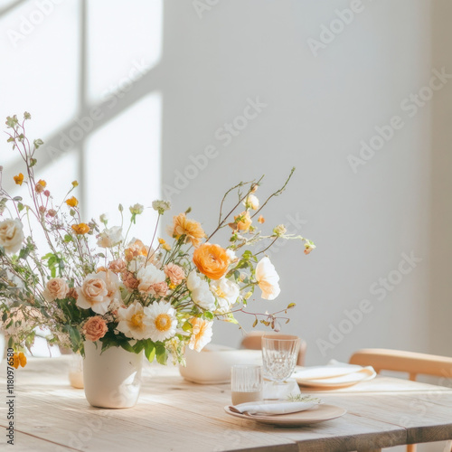 Wallpaper Mural beautiful floral arrangement in vase on wooden table, creating warm and inviting atmosphere. Perfect for dining or decoration Torontodigital.ca
