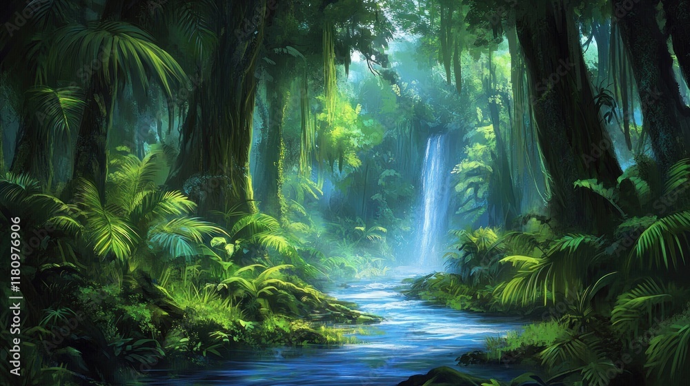 Lush green jungle scene with a waterfall and stream. Lush green jungle scene with a waterfall and stream.