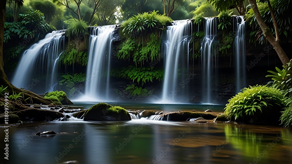 Obraz premium serene waterfall surrounded by lush greenery