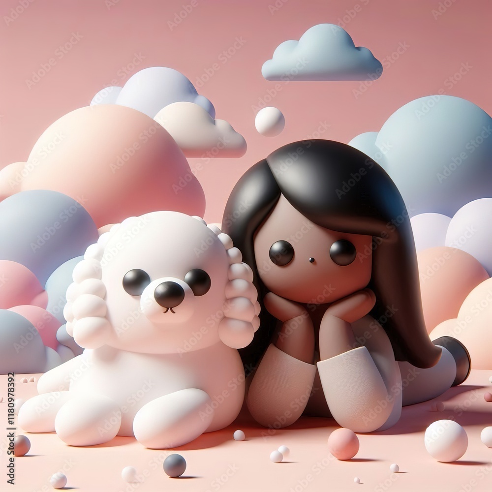 Obraz premium Girl with her pet poodle puppy dog concept 3d render digital illustration