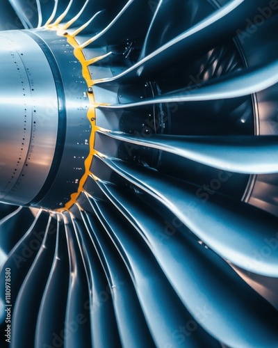 Close-up of a jet engine turbine showcasing intricate design and engineering.
