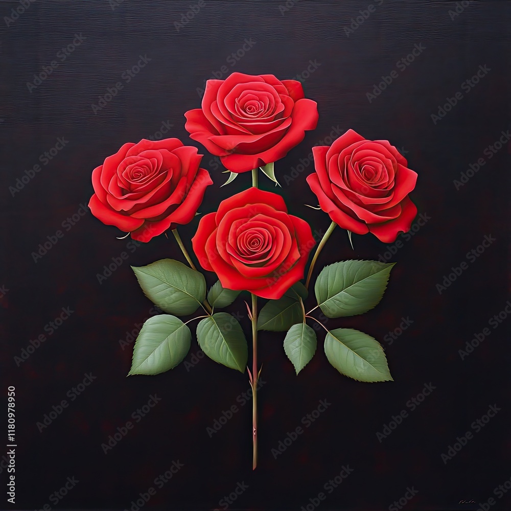 Naklejka premium Vibrant Arrangement of Red Roses Displaying Lush Green Leaves on a Dark Background for Elegant Floral Decor