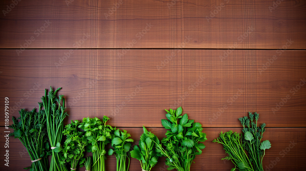 Fototapeta premium Fresh green herbs on table. farmhouse cooking. flavour. illustration photo. negative space, copy space.