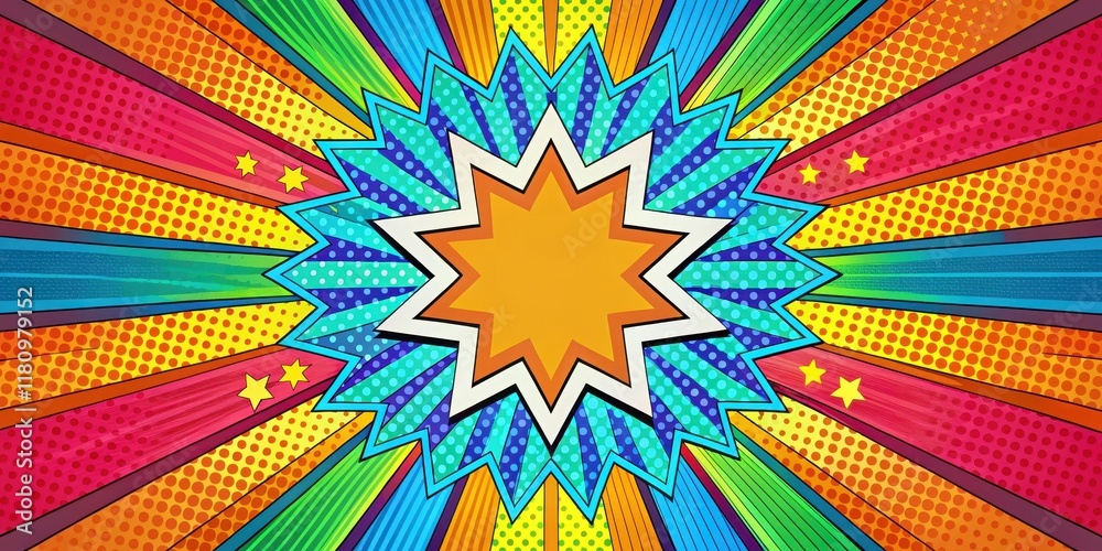 Fototapeta premium A colorful radial backdrop with geometric patterns and comic book-inspired shapes in bright hues , graphic design