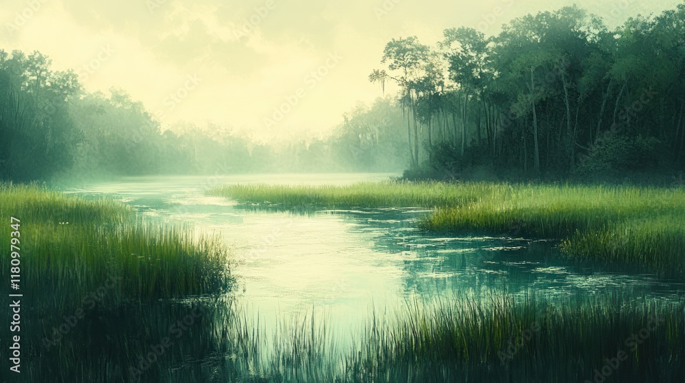 Obraz premium Misty sunrise river, swamp, forest, tranquil, nature, calm, serene, peaceful, background, travel