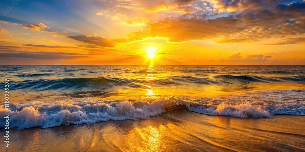 Soft golden light dances across serene ocean waves as a stunning sunrise peeks above horizon, beauty, nature Soft golden light dances across serene ocean waves as a stunning sunrise peeks above horizon, beauty, nature