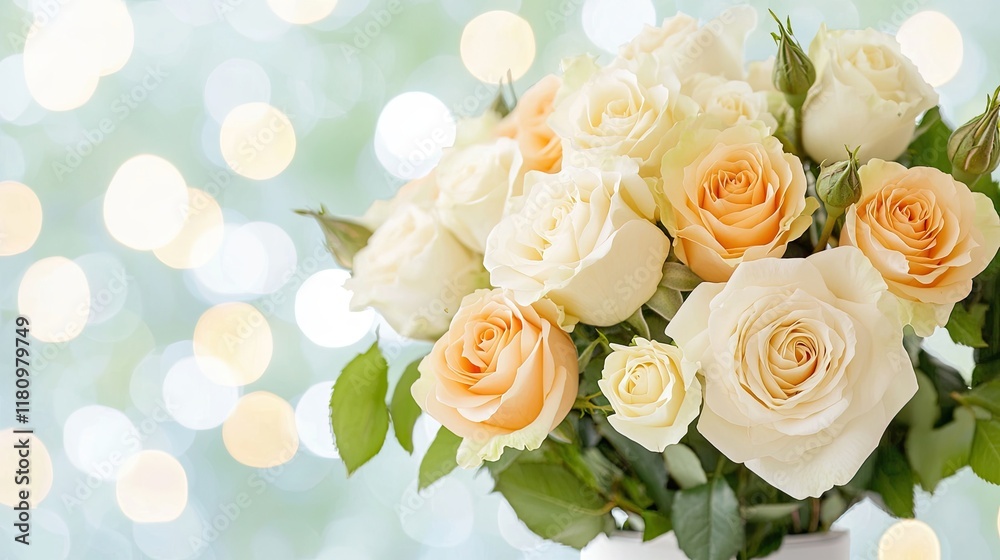 Elegant bouquet of soft peach and white roses with a dreamy bokeh background, perfect for romance and celebrations Elegant bouquet of soft peach and white roses with a dreamy bokeh background, perfect for romance and celebrations