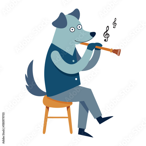 A dog is sitting on a chair and playing the flute