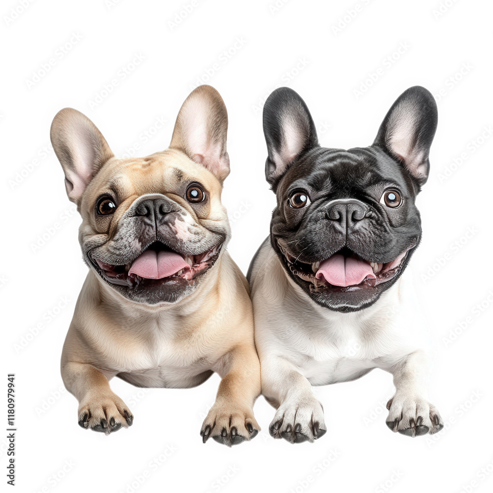 Fototapeta premium two french bulldogs. one fawn-colored and the other black. lying side by side with happy expressions their ears are perked up. and they appear playful and friendly. showcasing their adorable features
