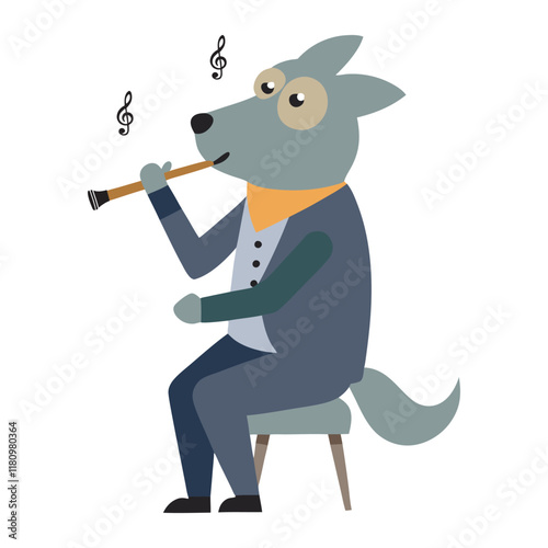 A dog is sitting on a chair and playing the flute