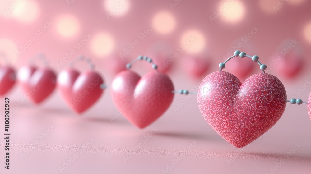 Pink hearts connected by small beads on a pink background. Pink hearts connected by small beads on a pink background.