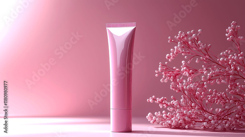Pink Cosmetic Tube with Delicate Flowers: Elegant Skincare Product Packaging Design