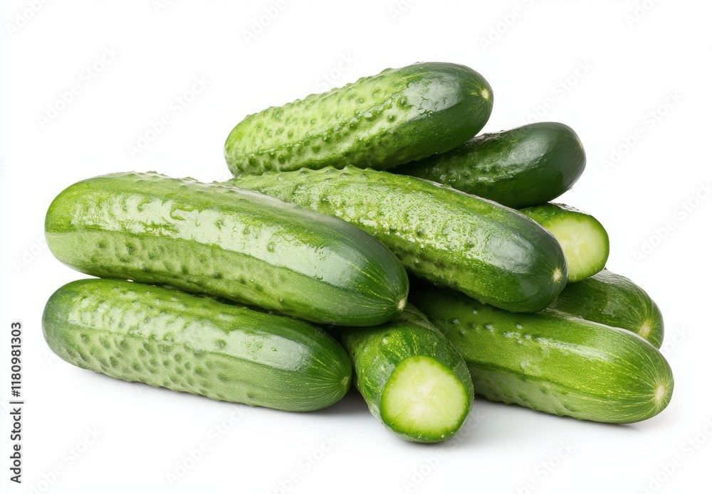Fresh and Crisp Cucumbers Stacked Together on a Pure White Background for Food Photography and Healthy Eating Concepts Fresh and Crisp Cucumbers Stacked Together on a Pure White Background for Food Photography and Healthy Eating Concepts