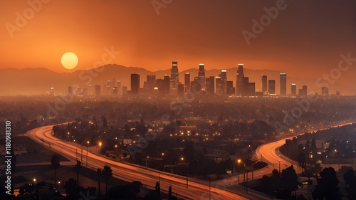 A panoramic view of the Los Angeles skyline shrouded in smoke from nearby wildfires, with a glowing orange horizon, emphasizing the impact of the disaster on urban life,Generative Ai

