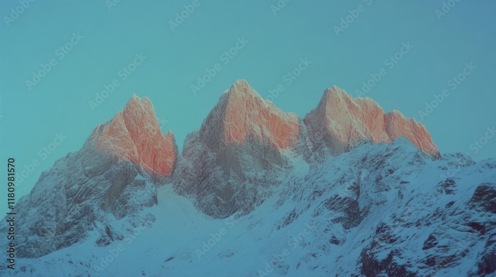 Obraz premium Pointed snow-capped peaks bask in soft, warm hues of dawn light, casting an ethereal glow over the rugged mountain landscape as nature's beauty awakens.