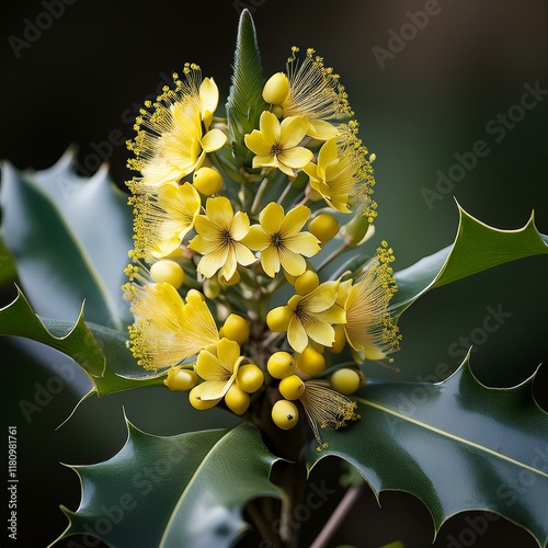 ヒイラギナンテンは黄色の小花がトウモロコシのように咲いている