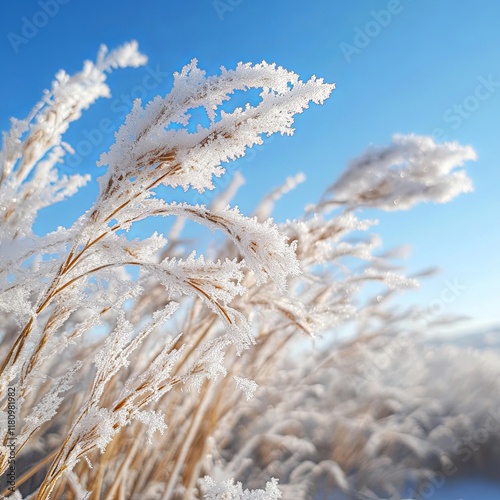 close up of dry grass covered with hoar frost against blue sky photo