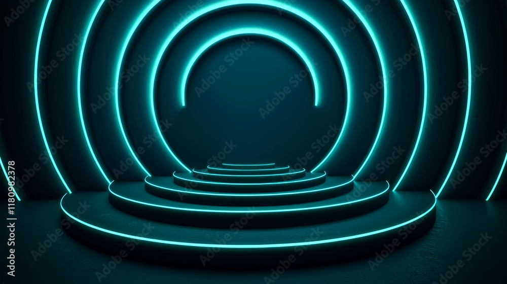 Obraz premium Abstract Neon Architecture: Circular Platform with Blue Glowing Lights - Futuristic Design