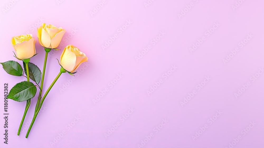 Fototapeta premium Elegant Yellow Roses on Soft Lavender Background for Floral and Romantic Designs