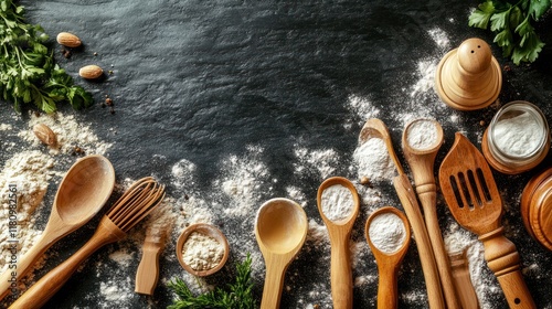 Baking ingredients, wooden utensils, dark background, recipe preparation photo