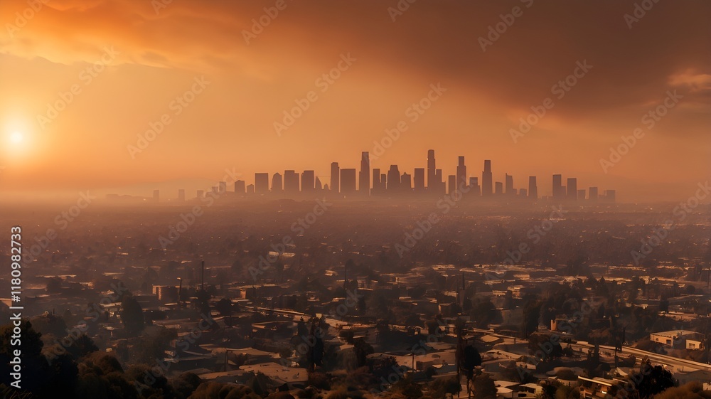 Obraz premium A panoramic view of the Los Angeles skyline shrouded in smoke from nearby wildfires, with a glowing orange horizon, emphasizing the impact of the disaster on urban life,Generative Ai 