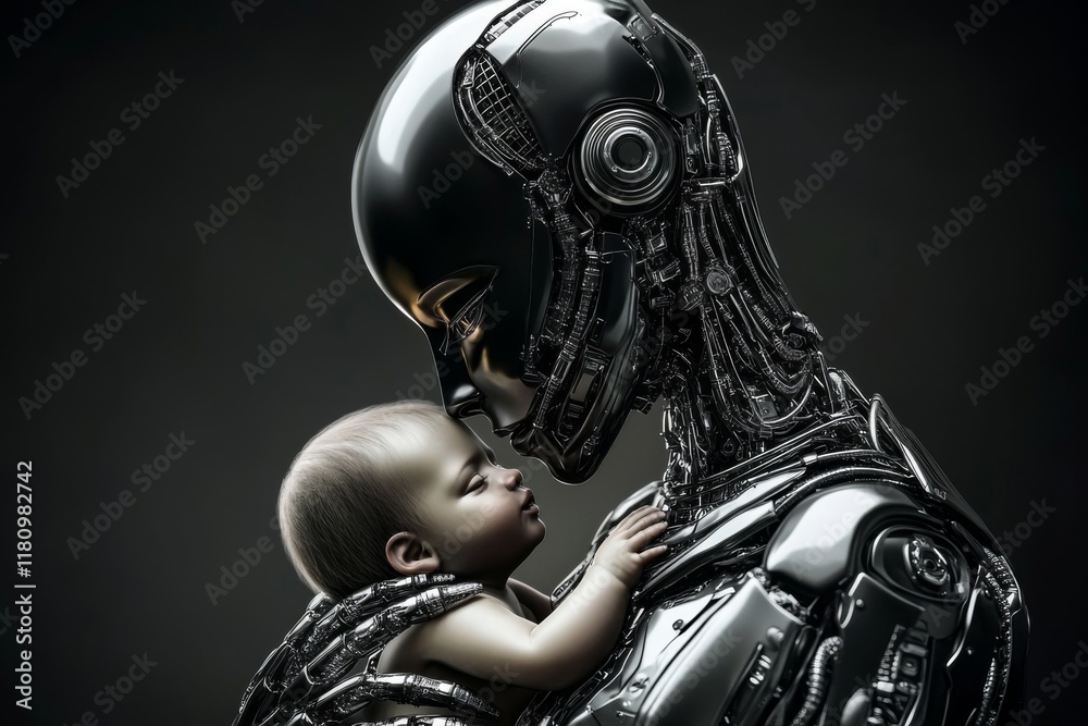 Naklejka premium A robot mother tenderly cradles her tiny robot newborn.