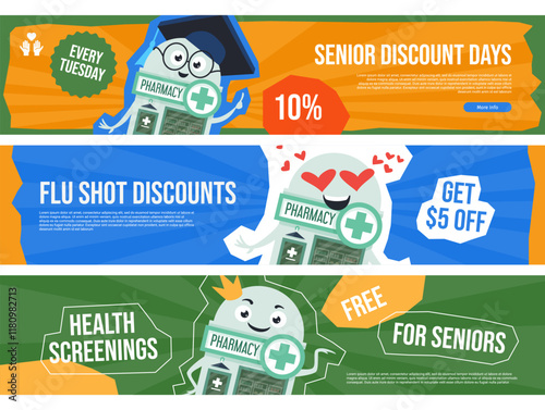 Banners offering discounts for seniors at the pharmacy, including special offers on flu shots and medical exams