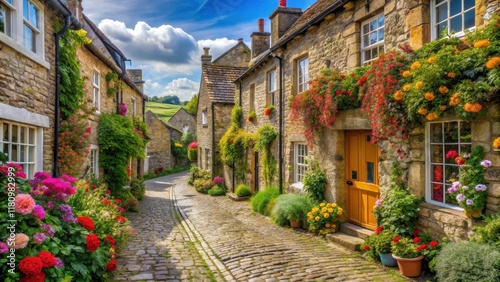 Narrow cobblestone street lined with historic buildings and overflowing flowers in a picturesque village setting , rural scenery, old town
