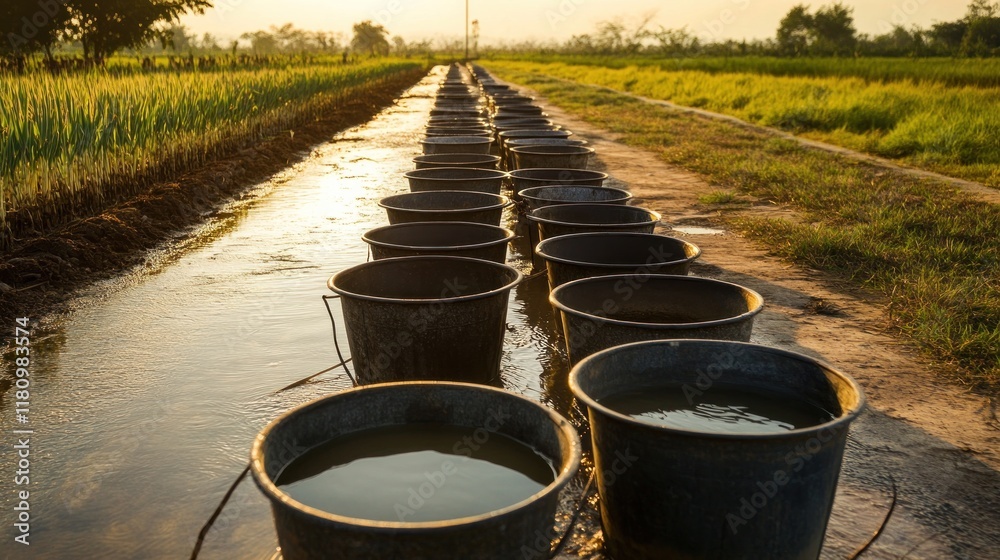 Rows of water-filled buckets line a rural irrigation ditch at sunset, showcasing agricultural practices. Rows of water-filled buckets line a rural irrigation ditch at sunset, showcasing agricultural practices.