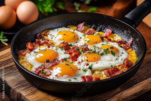 An appetizing display of classic breakfast favorites in a skillet. photo