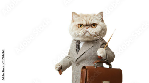 Professional Cat in Business Suit Holding Briefcase and Pointer, Funny Pet Character Representing Corporate World and Office Life