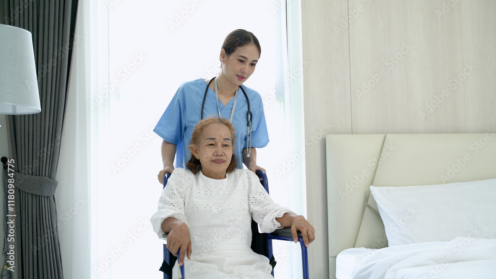Senior lady patient sitting on wheelchair talking to caring female nurse at home. Concept of wellness consultation, caregiver, elderly healthcare and homeopathic doctor. Senior lady patient sitting on wheelchair talking to caring female nurse at home. Concept of wellness consultation, caregiver, elderly healthcare and homeopathic doctor.