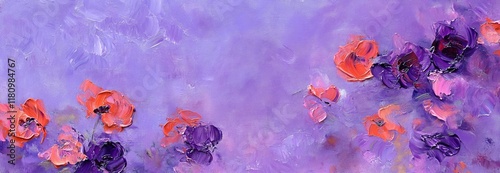 Abstract oil painting of orange and purple flowers on a lavender background.