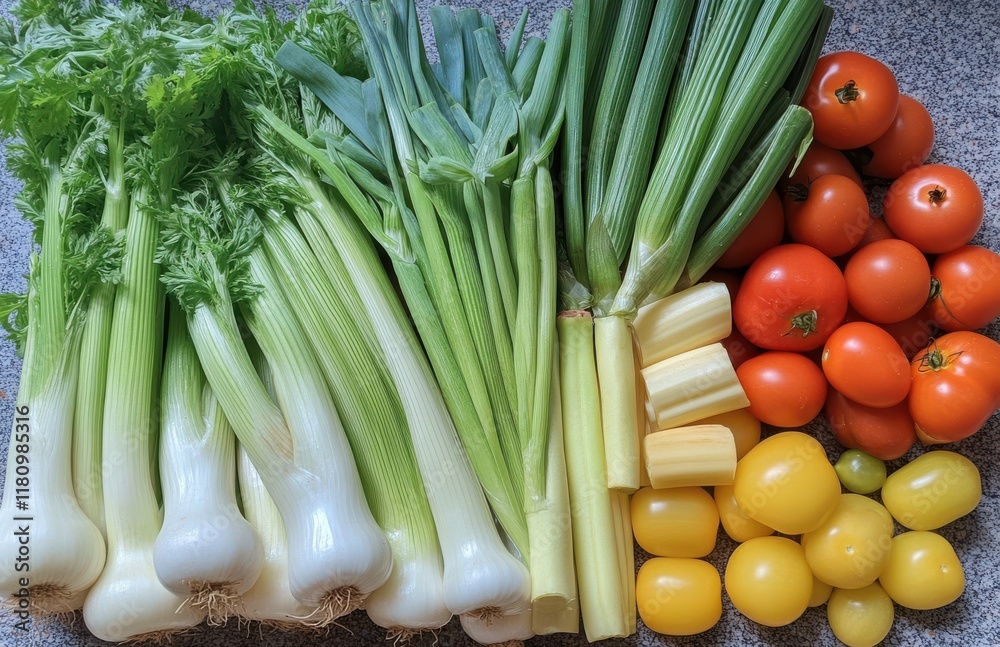 Fresh and Vibrant Assortment of Organic Vegetables Including Celery, Leeks, Tomatoes, and Green Onions Arranged Neatly on a Textured Surface Fresh and Vibrant Assortment of Organic Vegetables Including Celery, Leeks, Tomatoes, and Green Onions Arranged Neatly on a Textured Surface
