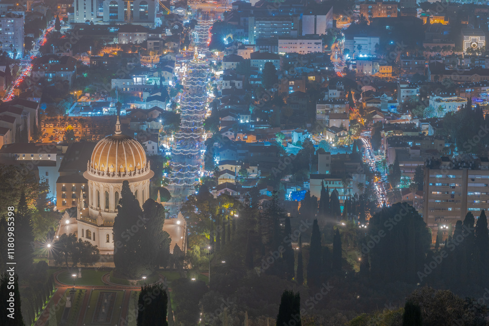 Downtown Haifa with holiday lights